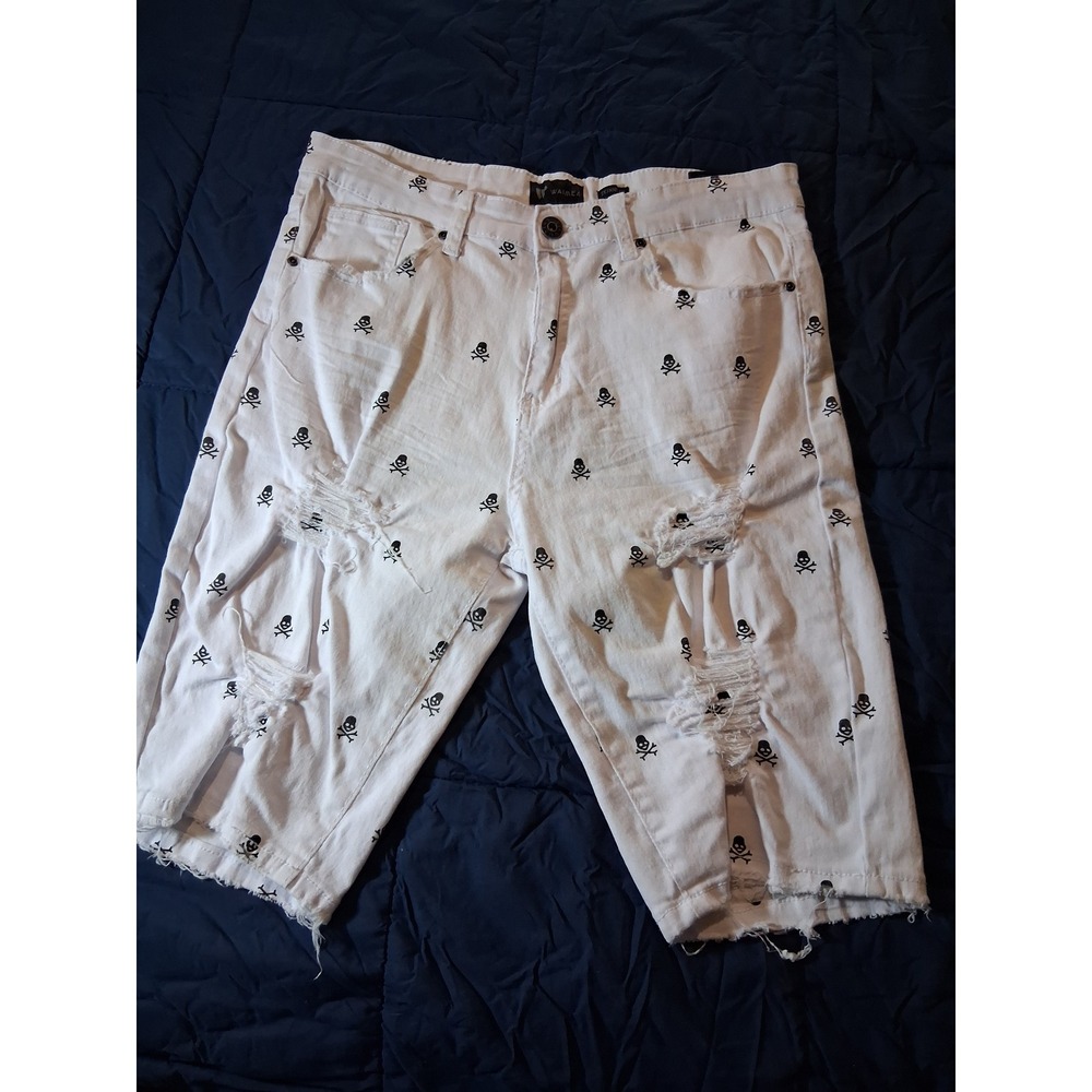 Waimea Mens White Skull Print Distressed Denim Shorts Skinny Fit Size 34